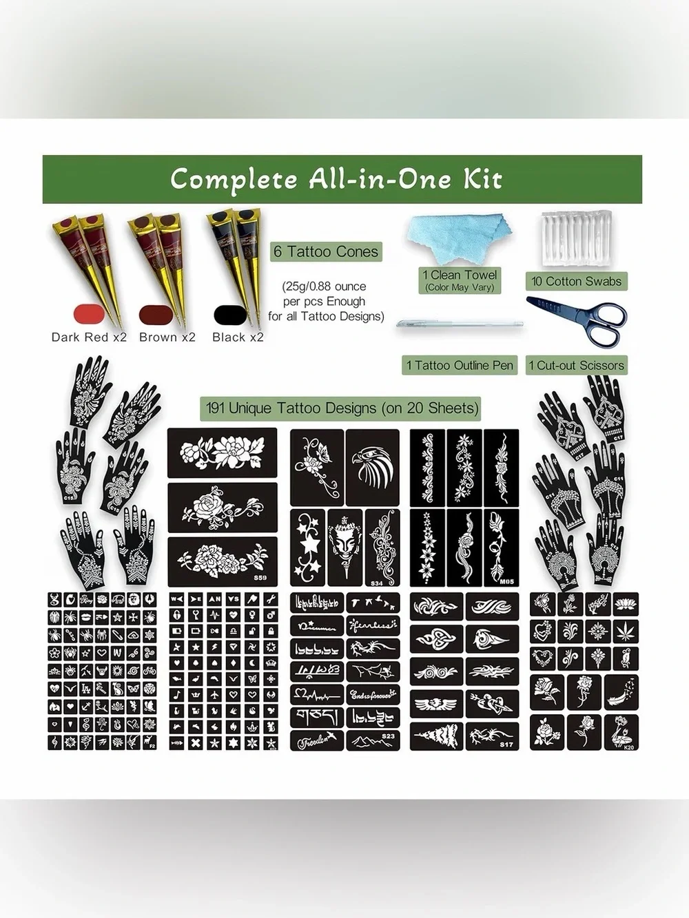 191 PCS Temporary Tattoo Stencils Kit, 6 Standard, 191 Designs & 6 Cones
